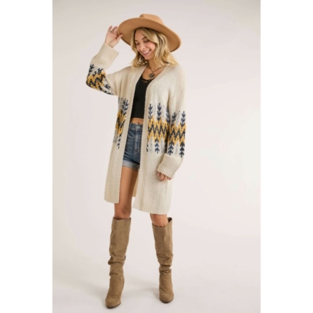 Ivory Mustard Tribal Pattern Puff Sleeve Knit Cardigan Sweater Fall Winter - Picture 4 of 7